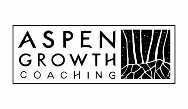 Black and white logo for Aspen Growth Coaching, featuring stylized tree trunks and roots within a rectangular border. The company name is displayed in bold, modern typography.