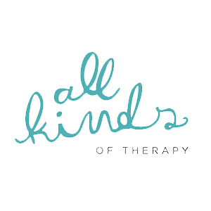 Handwritten teal text reads all kinds with OF THERAPY in smaller, black uppercase letters below on a light gray background.