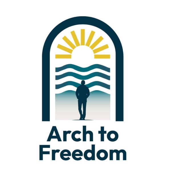Logo with an arch framing a sun over wavy lines and a silhouette of a person walking. Below the arch, the text reads Arch to Freedom.
