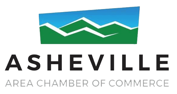 Logo for the Asheville Area Chamber of Commerce, featuring stylized green mountains and a blue sky above the text ASHEVILLE AREA CHAMBER OF COMMERCE in bold letters.