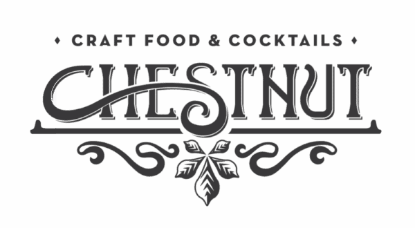 Logo with the words Craft Food & Cocktails above the large, ornate word Chestnut. Decorative swirls and a stylized chestnut leaf appear below the text.