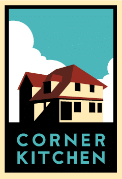 Illustration of a two-story house with a red roof and cream walls against a blue sky with white clouds. Below the house, the text reads Corner Kitchen in bold, light blue letters.