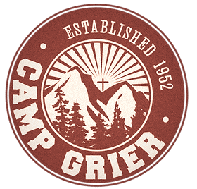 A circular logo for Camp Grier, established 1952, featuring mountains, trees, a sunrise, and a cross, with bold text around the edge. The design is in shades of brown and white.