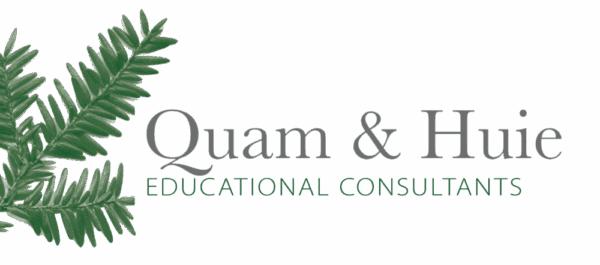 A green pine branch on the left with the text Quam & Huie in gray and Educational Consultants in green on a light background.