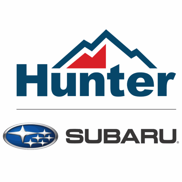 Logo with the word Hunter below a stylized blue and red mountain outline, and the Subaru logo with the word SUBARU in black capital letters underneath.