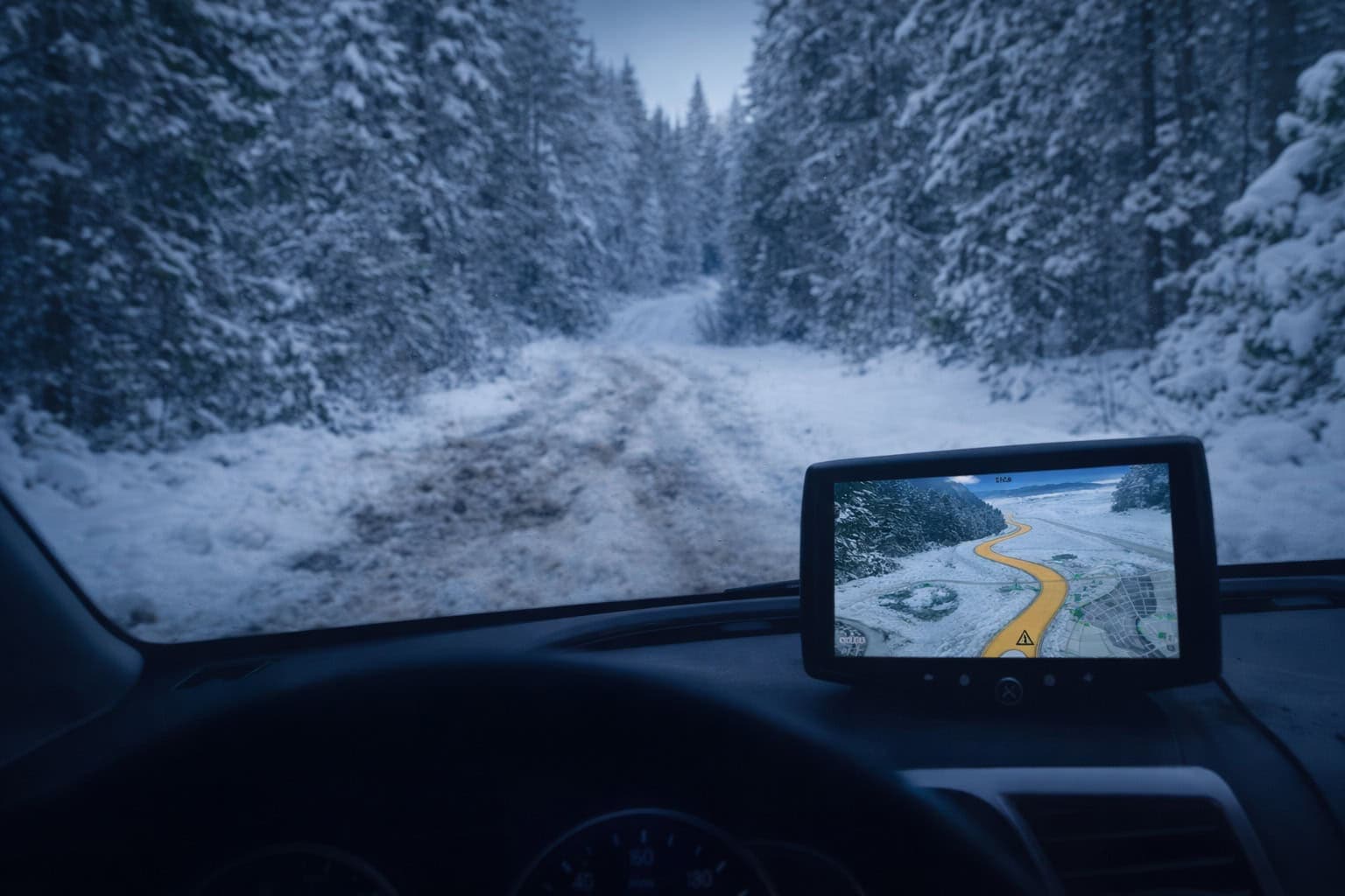 A snowy forest road seen from inside a car. A GPS screen on the dashboard displays the route ahead, highlighting a winding yellow path and a warning symbol. Snow covers the trees and the road, indicating winter conditions.