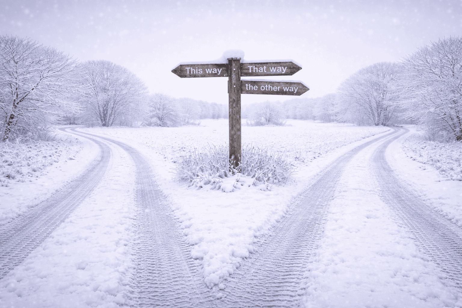 A snowy landscape with three tire tracks diverging at a signpost. The signpost points in three directions labeled This way, That way, and The other way, surrounded by snow-covered trees and fields.