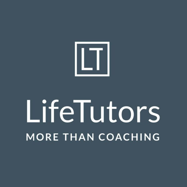 Square logo with a blue-grey background. At the top is a white outlined box with the letters LT inside. Below, in large white text: LifeTutors. Underneath, smaller text reads: MORE THAN COACHING.