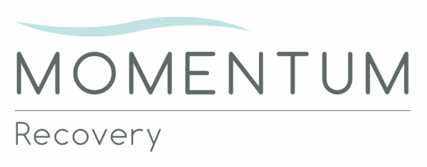 Logo for Momentum Recovery. The word MOMENTUM is written in large, gray letters with a light blue wave above it. Recovery appears in smaller gray letters below a thin horizontal line.