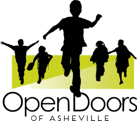 Silhouettes of five children running above the words Open Doors of Asheville in bold text, with a green rectangle in the background.