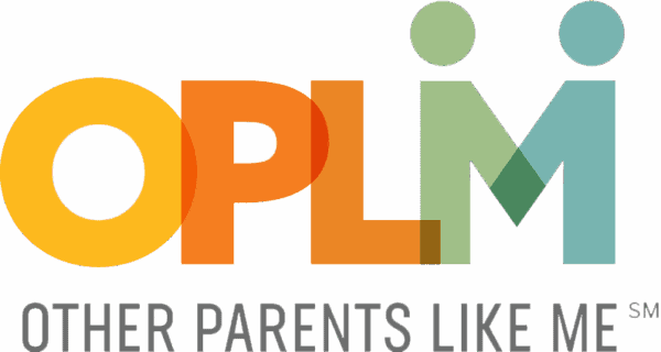 Logo with large letters OPLM in orange, yellow, and teal, featuring two dots above the M resembling people. Below, gray text reads OTHER PARENTS LIKE ME.