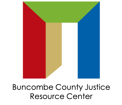 Logo with red, green, gold, and blue geometric shapes forming an open doorway, above the text Buncombe County Justice Resource Center on a light background.