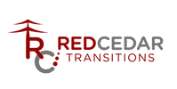 Logo for Red Cedar Transitions featuring a stylized red cedar tree above the letters RC, with the words Red Cedar in gray and Transitions in red to the right.
