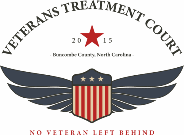 Logo for Veterans Treatment Court, Buncombe County, North Carolina, featuring a red star, shield with stars and stripes, and stylized wings. Text reads No Veteran Left Behind and 2015.