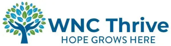 Logo with a stylized blue tree made of hands and green and blue leaves, next to the text WNC Thrive in large font and Hope Grows Here below in smaller font.